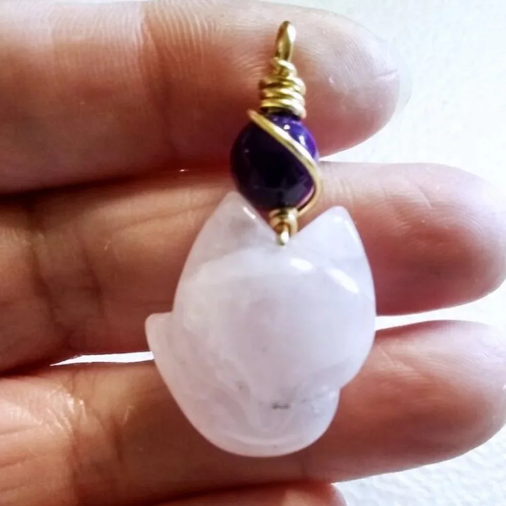 Handmade: Rose Quartz + Purple Agate Fox Spirit Pendant! Kitsune Spirit Guide